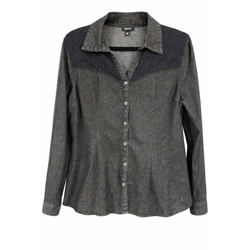 Krazy‎ Kat XXL Black Wash Lace Yoke Button Up Shirt Boho Western Goth Whimsigoth